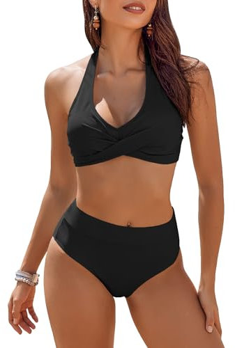 AI'MAGE Damen Bikini Set V-Ausschnitt Neckholder Wickeloptik High Waist Bademode Blumenmuster Zweiteiliger Badeanzug, Schwarz, L