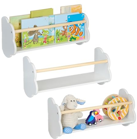Relaxdays Librerías Infantiles de Nube, Set de 3, Baldas Flotantes Pared, 24x50x18cm, Estantería Niños, Blanco y Natural