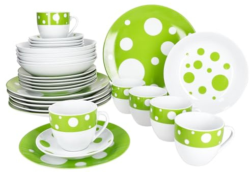 MamboCat Pula Service de table 30 pièces en porcelaine blanche à pois pour 6 personnes I 6 tasses, soucoupes, assiettes à gâteau, assiettes creuses et assiettes plates