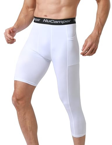 NuCamper Pantalones de Compresión de Una Pierna 3/4 Para Hombre, Baloncesto Capa Base Con Bolsillos, Funcionales Mallas, Secado Rápido Transpirables, Leggings Para Correr Entrenamiento Yoga y Ciclismo