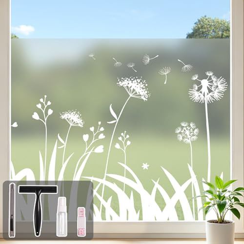Conkov Window Film Frosted Privacy Film, Dandelion Pattern, 90 x 400 cm | Translucent Vinyl Self Adhesive Reusable Decorative Glass Film for Kitchen living room badroom, Come with Tool