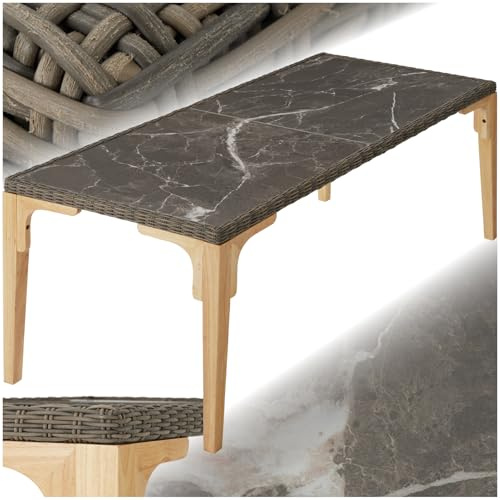 tectake® Tavolo da Esterno in Rattan, Tavolo da Giardino con Intreccio Pregiato, Tavolino Salotto con Telaio in Alluminio e Legno Massiccio, 2 Lastre in Gres Porcellanato - Naturale