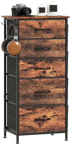HOMCOM Chest of Drawers, Dresser for Bedroom with 5 Fabric Drawers, Tall Storage Unit with 4 Pockets, 2 Hooks and Steel Frame for Living Room, Hallway, Rustic Brown