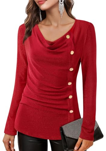 Bodhi talk Blouse Women's Elegant Glitter Long Sleeve Shirt with Waterfall Neck Festive Tops for Party and New Year's Eve, cherry red, L