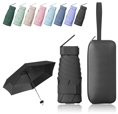 FESDMOH Regenschirm, Mini Umbrella, Taschenregenschirm, Schirm UV Schutz, Regenschirm Klein Leicht Stabil, Aufbewahrungstasche mit Reißverschluss (Schwarz)