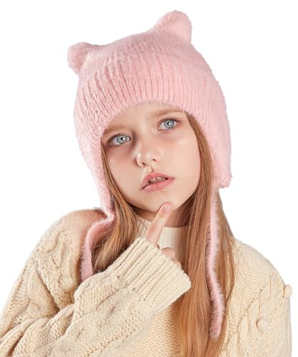 Kids Beanie Hat for Winter with Earfalp Children Cute Cat Ears Toddler Girls Boys Warm Wool Knit Ear Flap Cap Pink