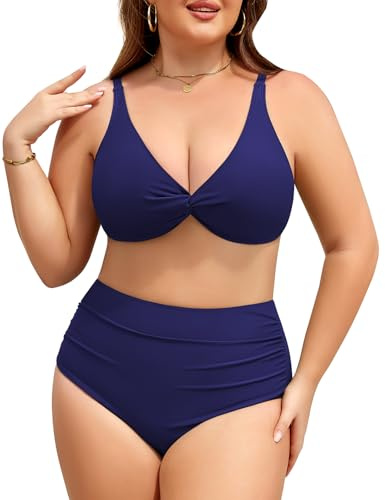 Svanco Bikini dam set stora storlekar hög midja bikinis magen väg push up tvådelat badkläder med kupa, Mörkblå, L plus size
