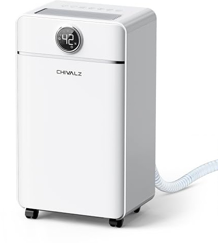 CHIVALZ 12L/24H Dehumidifiers for Home, Bedroom & Bathroom, LED Display and 24H Timer, Interior Dehumidifier with Automatic Defrosting, 2L Water Tank & Drainage Hose, White, 1 Pack+3 Modes