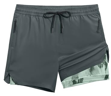 veepro Men’s 5” Gym Running Shorts 2 in 1 Quick Dry Workout Athletic Shorts with Compression Liner,Lightweight Anti-Chafe Sports Shorts with Zipper Pockets for Training Tennis Basketball Grey