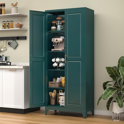 TIMELESS PIECES 75” Metal Tall Kitchen Pantry Cabinet,Metal Storage Cabinet with Doors and Adjustable Shelves,Modern Kitchen Hutch Cabinets,Freestanding Cupboard for Office Living Room