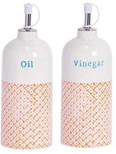 Nicola Spring Olive Oil and Vinegar Bottles - 500ml - 2pc Porcelain Kitchen Hand Printed Orange Olive Oil & Vinegar Dispenser Cruets with Chrome Pourer Spout for Kitchens, Restaurants, Dining