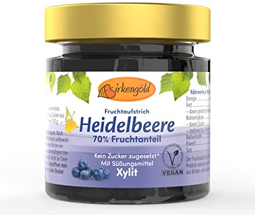 Birkengold Heidelbeere Marmelade | ohne Zuckerzusatz | mit europäischem Xylit gesüßt | 70 % Fruchtanteil | mit Bio Früchten | vegan, 200 g
