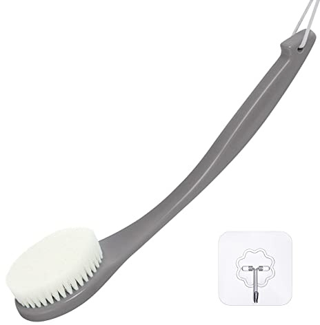 Body Brush Back Scrubber, Never Mold Back Brush Long Handle for Shower, Exfoliating Brush Dry Brushing Body Brush for Men Women Elderly Deep Exfoliation Soft Glowing Skin Grey