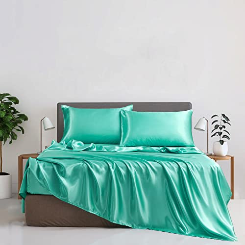 Damier Satin Spannbettlaken 180x200cm Grün Mintgrün Seide Glänzend Spannbetttuch Hochwertiges Satin Deluxe Bettlaken, geeignet für Matratzen bis 30cm