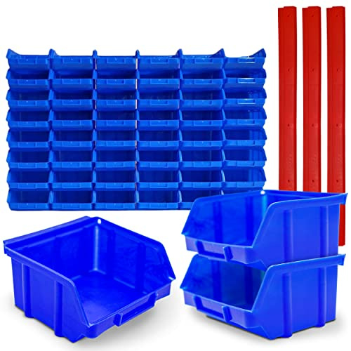 Stapelboxen Größe 1 Werkstatt Garage Sichtlagerboxen (L/B/H) 100x100x52mm mit Wandschienen Wandbefestigung Lagerkisten blau Sichtlagerkästen sortieren PP (96x Gr. 1 + 20 Wandschienen)