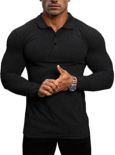 Lehmanlin Men's Stretch Muscle Shirts Long Sleeve Cotton T-Shirts Slim Fit Polo Shirt （Black-L）