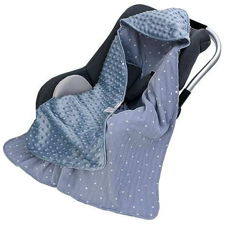 amo nenes Einschlagdecke Universal 100% Baumwolle, 90 * 90cm Doppelseitig Kuscheldecke mit Kapuze für Buggy Autositz, Kinderwagen Babydecke, Baby Decke Neugeborene, Ganzjahresdecke, Unisex, Blau-grau