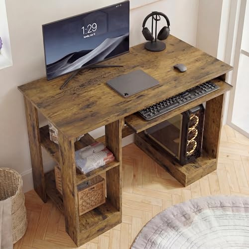 Blisswood Home Office Desk, Computer Desk With Shelves & Sliding Keyboard Tray PC Laptop Table For Writing Workstation Bedroom Study Furniture (Rustic, 100 x 55 x 75CM)