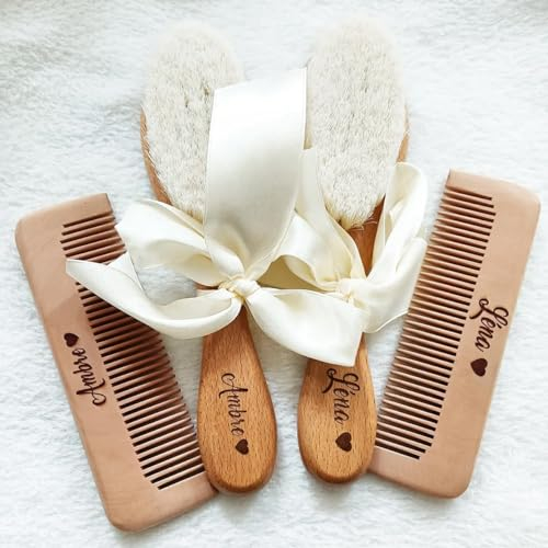 Personalisierte Baby-Haarbürste Mit Individueller Gravur Des Säuglingsnamens - Weiches Bürsten-Set Mit Geburtskamm für Neugeborene