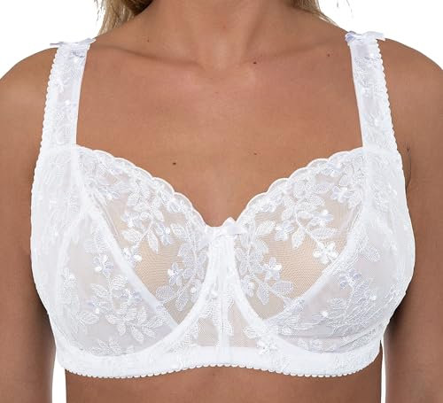 Gemm Womens Plus Size Lace Full Coverage Firm Hold Non Padded Underwired Full Cup Bra White