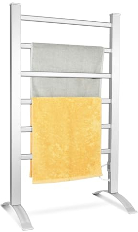 GIANTEX Radiateur Sèche-Serviette Électrique Salle de Bain, Porte-Serviettes 100W Chauffant, 2 en 1, Sèche Serviette sur Pied et Mural en Aluminium avec 6 Barres, 45-50°C, Argenté