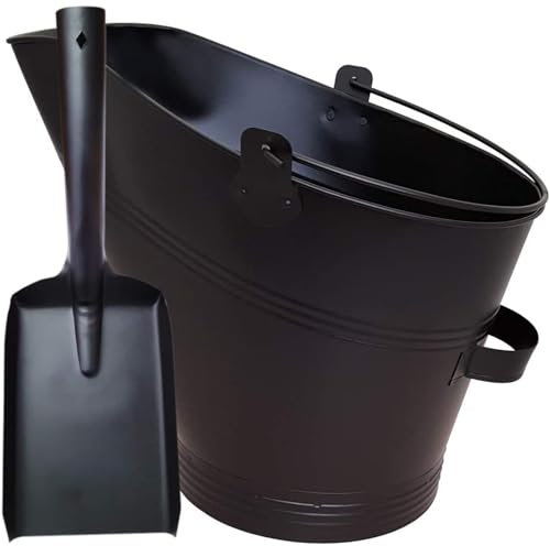 Crystals Fireplace Coal Bucket - Waterloo Style Scuttle With Small Hand Shovel - Metal Fire Ash Storage for Fireplaces - Fire Accessories (Black)