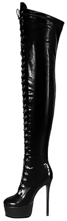 Meinabsatz Damen Plateau Overknees Stiletto Boots Schnürstiefel Elegante Stiefel Schenkelhoch Sky High Heels Lederoptik Schwarz 40 EU