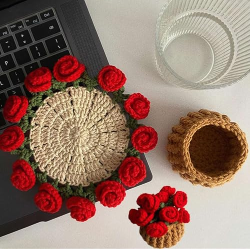Virkad blomma filt underlägg, gör-det-själv handgjord vintage virkad ros blombukett-materialpaket, mjuk ros blombukett stickade dekorativa underlägg gåvor till mors dag födelsedag heminredning