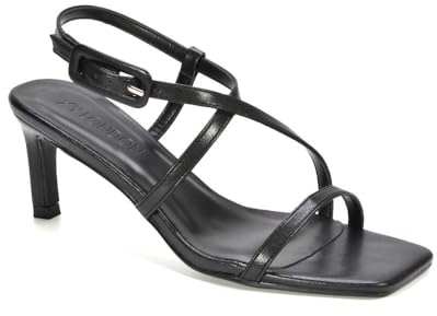 ESSEX GLAM Women's Low Stiletto Heel Sandals Ladies Square Toe With Adjustable Strap Black Synthetic Leather Shoes Size 4