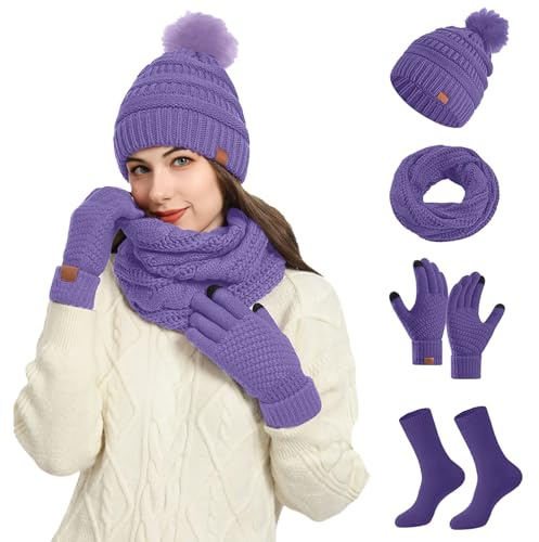 Juego de 4 piezas de gorro de lana para mujer, gorro, guantes y calcetines, bufanda, gorro, guantes