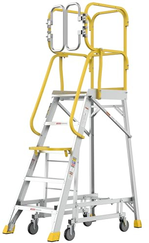 WIILAYOK 5 Step Ladder Aluminum Rolling Platform Ladders with 360° Guardrail System, Industrial Safety Non-Slip Rolling Ladder with Wheels for Warehouse, Garage, 375 lbs Capacity