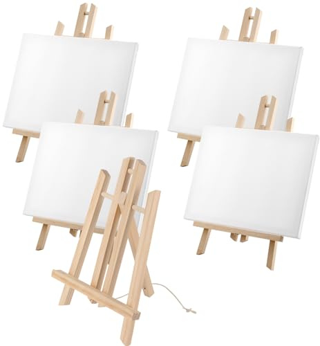 MAKTSAM 4 Sets Canvas and Easel, 23 x 30cm Adjustable Tabletop Art Display Easel Stand with 23 x 40cm Wooden Easels, Tabletop Display Easel Stretched Blank Canvas for Drawing, Painting