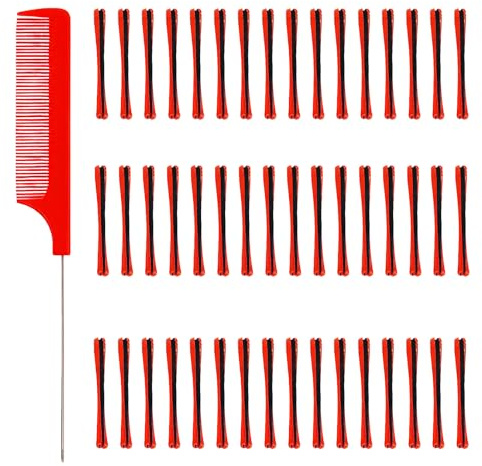 48 Pieces Perm Rods for Short Hair, Perming Kit Hair Rollers Perming Rods with Steel Pintail Comb Rat Tail Comb Small Size Hair Curlers for Hairdressing Styling Supplies (0.2 Inch, Red)