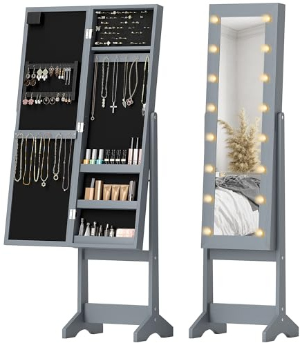 HOMCOM Espejo Joyero con Luces LED, Armario para Joyas, Armario Joyero de Pie con Espejo Entero, Ángulo Ajustable, con Estantes, Ranuras para Anillos, Gris