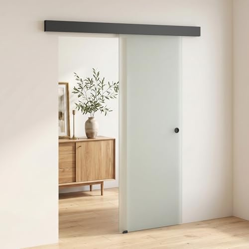 HOMCOM Porta Scorrevole Esterna Muro 77.5x205 cm in Vetro Smerigliato, Binario Silenzioso in Lega di Alluminio, Kit Ferramenta, Maniglia, Guida, Porta da Interno in Stile Industriale, Bagno, Ufficio