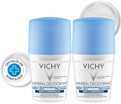 Vichy Mineral Deodorant 48H, Deo Roll-On für bis zu 48 Stunden Frische, Für Frauen und Männer, Aluminium- und alkoholfrei, Auch bei empfindlicher Haut, Mit Panthenol, Zink und Vitamin B5, 50 ml