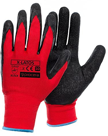 PROCERA X-LATOS Arbeitshandschuhe Herren Latex Handschuhe Damen wasserbeständig säurebeständig beschichtet; schwarz und rot (12, T10)