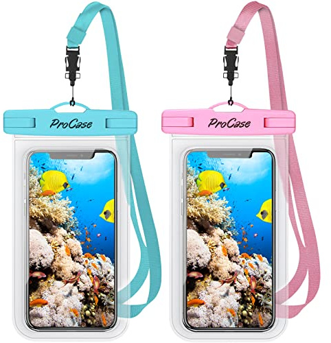 ProCase 2-pack vattentät telefonväska påse, IPX8 undervattensväska för iPhone 16 15 14 13 12 Plus Pro Max 11 Xs Max XR X 8 7 6S, Galaxy S22 S22+ S21 FE – blå/rosa