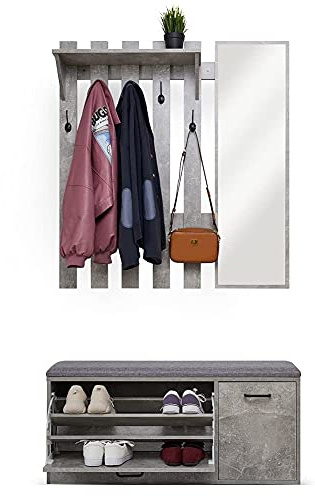 Mondeer Mobile Ingresso Set, Appendiabiti da Parete in Legno con Scarpiera, Specchio e 5 Ganci, Stile Industriale, per Corridoio Ingresso (Grigio)