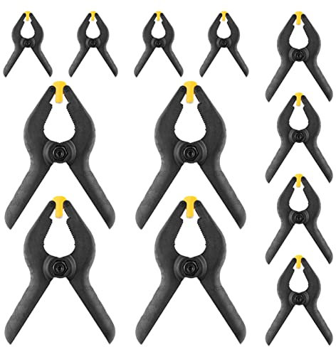 BLOSTM Spring Clamps Set 12 PCS - Heavy Duty Adjustable Plastic Clamps with Strong Grip for Workshops, DIY, Photography, Garden, Wood, Tarpaulin (3 Sizes: 4 x 8.5cm, 4 x 11.5cm, 4 x 16.5cm)