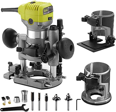 Electric Hand Wood Trimmer, DEWINNER Laminator Router Joiners Tool Set 220V 710W with 3 Bases (Trimmer, Plunge, and Tilt),2 Chucks Collets 1/4 and 3/8, Bits