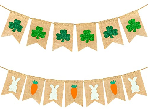 Whaline St. Patrick's Day Easter Banner with String Green Shamrock Easter Bunny Carrot Prints Burlap Banner Holiday Hanging Bunting Garland for Irish Lucky Day Party Supplies Home Decoration
