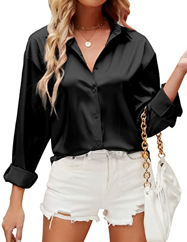 HANERDUN Chemisier pour Femmes Manches Longues Chemise à col en V La Soie Élégante Casual Tops Chemisier uni de Travail à Boutons sur Le Devant Top de Soirée Business