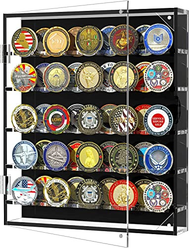 vitrina expositora pared monedas colecciones,exhibidor medallas militares,Soporte de Monedas de desafío Militar con estantes extraíbles y Puerta magnética, Caja de Monedas para 45 medallas Militares