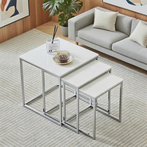nozama White Nest of Tables Set of 3,Gloss Nesting Tables,Sofa End Side Coffee Table for Small Space Living Room Bedroom, 40X40X42CM