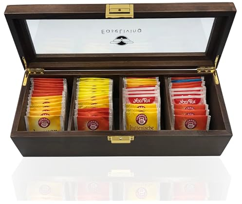 EaseLiving Küchenorganizer Teebox - Teebeutel Aufbewahrungsboxen aus Kiefernholz, 4 Fächer, mit Sichtfenster aus Acryglas