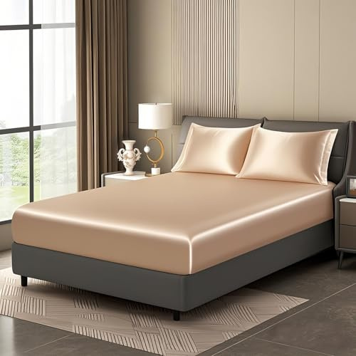 Luowei Drap Housse en Satin 200x200cm Doré Microfibre Drap de lit Soie Drap-Housse Doux Brillante Drap-Housse de Qualité Supérieure pour Matelas Épais Jusqu'à 25-30cm