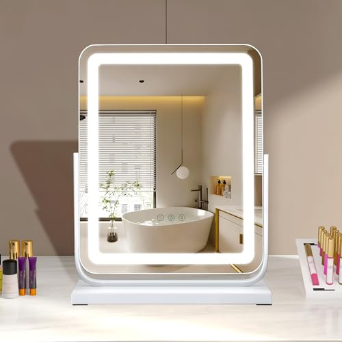 TYhogar Hollywood Bordsspegel Med 3 Färglägen Beröringskontroll, LED-Sminkspegel Med Belysning, Fyrkantig 360° Vridbar, 40 × 47 cm
