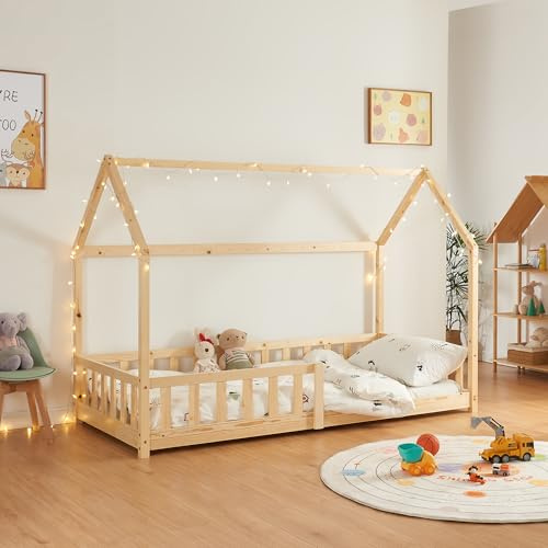 [en.casa] Children's House Bed with Fall-out Protection and Slatted Frame - Wood Look 90 x 200 cm Floor Youth Bed