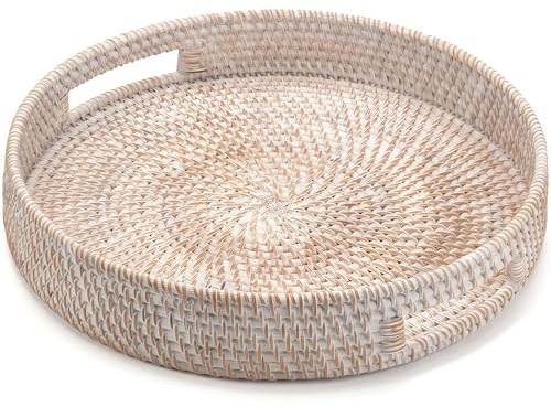 Vassoio Rotondo in Rattan, Vassoio per Servire in Vimini con Maniglie, Vassoio Decorativo Intrecciato per Tavolino da Caffè (30 cm, Bianco)